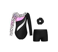 Linjinx Enfants Filles Justaucorps Gymnastique Strass Survêtement de Sport Bodysuit Manches Longues et Short de Danse Ensemble Patinage Artistique Dancewear 5-14 ans Léopard 7-8 ans