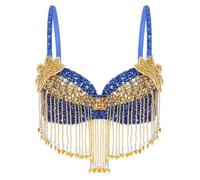 Linjinx Femme Haut Danse du Ventre Classique à Paillettes Franges Brassières Soutien-Gorge Danse Orientale avec Perles Costume Belly Dance Performance Dancewear Bleu Royal Taille Unique