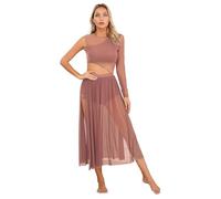 Linjinx Femme Robe Danse Classique Une Epaule Manches Longues Robe Danse Latine Salsa Salon Rumba Justaucorps Danse Ballet Dancewear S-XXL Rose poussiéreux S