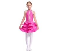Linjinx Robe de Latine Fille Enfant Robe de Samba Tango Salsa Belly à Paillettes sans Manches Léotard de Danse Latine Jazz Rumba Valse Chacha Tango Dancewear 5-16 Ans Rose Vif 15-16 Ans