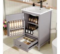 LINKHOO Armoire de Salle de Bain au Sol avec lavabo, Dessus de vanité, Peinture complète, étagère de Porte, tiroir Silencieux de Grande capacité, étagère réglable et en céramique, 51x46x85cm, Gris