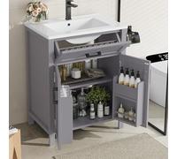 LINKHOO Armoire de Salle de Bain au Sol avec lavabo,Meuble Vasque,Peinture complète, Étagères à Double Porte, Tiroirs Pratiques, Étagères réglables, Évier en céramique intégré, 60 x 46 x 84,8 cm,Gris