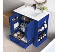 LINKHOO Armoire de Salle de Bain au Sol, Meuble Vasque, laqué Complet, étagères à Double Porte, tiroirs Silencieux, étagères des Deux côtés, évier en céramique intégré, 76 x 46 x 78,5 cm, Bleu