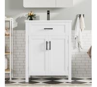 LINKHOO Armoire salle bain au sol avec lavabo,Étagères à double porte,Tiroirs pratiques,Étagères réglables 60 x 46 x 84,8 cm,Blanc