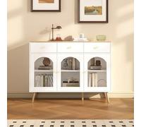 LINKHOO Bahut Blanc, Armoire de Salle à Manger de 94 cm avec 3 tiroirs et 3 Portes bombées en Verre trempé, idéale comme Meuble de Rangement ou Buffet dans la Cuisine ou la Salle à Manger.