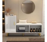 LINKHOO Banc Meuble Chaussures Blanc Brillant avec Rangement, Armoire Dorée, Idéal pour Entrée, Couloir ou Salon, Design Moderne