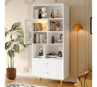 LINKHOO Bibliothèque Rangement multifonctionnelle, Porte d’Armoire Transparente, Deux tiroirs Silencieux, Barre Lumineuse télécommandée à Changement de Couleur, Base en métal,78 x 36 x 180 cm, Blanc