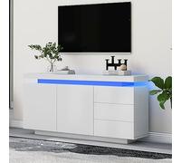 LINKHOO Buffet avec LED, Commode, Meuble sur Pied, 2 Portes, 3 Tiroirs, Pas de poignées,140x35x72,5 cm, Charge maximale 50 kg, Blanc