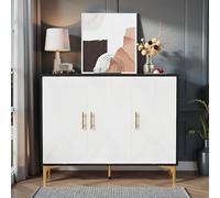 LINKHOO Buffet Blanc, Buffet bohème avec Portes à Rayures Blanches Mates, poignées et Pieds dorés. Idéal pour la Chambre, Le Salon ou la Salle à Manger. Portes à Ouverture et Fermeture Pratiques.