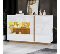 LINKHOO Buffet Blanc, Sideboard Commode Haute Brillance, Panneau de Particules Blanc avec Verre, Socle en Bois, Commode Armoire Couloir 138 * 38 * 90,5cm