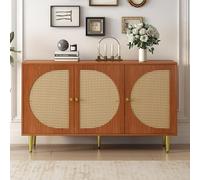 LINKHOO Buffet Cannage, Buffet avec 3 Portes décorées en rotin Commode Highboard avec poignées métalliques, pour Chambre à Coucher & Salon & Bureau, Noyer 129.8X 40x 76cm