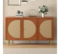 LINKHOO Buffet Cannage, Buffet avec 3 Portes décorées en rotin Commode Highboard avec poignées métalliques, pour Chambre à Coucher & Salon & Bureau, Noyer 129.8X 40x 76cm