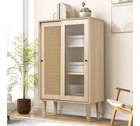 LINKHOO Buffet de Salle à Manger, Couleur Bois, avec Porte coulissante en Verre et rotin, 6 Compartiments de Rangement, étagères réglables pour Salon, Cuisine, Couloir, 60 * 40 * 100cm, chêne