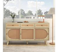 LINKHOO Buffet en Bois, avec Porte en Plastique PE Imitation rotin et étagères réglables, 3 tiroirs, Buffet avec 3 Portes coulissantes, Charge maximale 50 kg, 140 * 40 * 78 cm, chêne