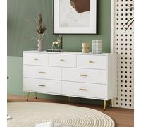 LINKHOO Buffet, multifonctionnelle, 7 tiroirs, poignées dorées, Pieds dorés, glissières de tiroirs Lisses, avec Beaucoup d'espace de Rangement, pour Salon, Cuisine, Couloir, 140 * 35 * 76 cm, Blanc
