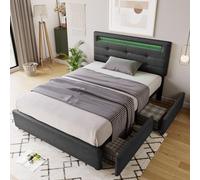 LINKHOO Cadre de lit, avec éclairage LED et 2 tiroirs, tête de lit Simple réglable en Hauteur, sommier à Lattes en Bois(sans Matelas), 90x200 cm, Gris