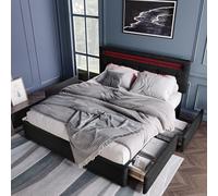 LINKHOO Cadre de lit, avec éclairage LED et 4 tiroirs, tête de lit Double réglable en Hauteur, sommier à Lattes en Bois(sans Matelas), 140x200 cm, Noir