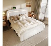 LINKHOO Cadre de lit Double rembourré, avec Fonction de Charge USB Type-C, éclairage LED, tête de lit réglable en Hauteur, sommier à Lattes en Bois(sans Matelas), 160x200cm, Blanc