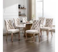 LINKHOO Chaise à 4 Pieds, Lot de 6, en Velours, Dossier Haut, avec capitonnage à Boutons, Structure en Bois Massif, Beige Clair