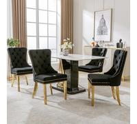 LINKHOO Chaise de Salle à Manger, avec Anneaux Ronds Uniques à l'arrière, arniture à tête de Clou, Pieds de Soutien en Acier Inoxydable doré, revêtement en Velours,4 pièces, Noir,doré