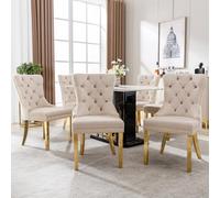 LINKHOO Chaise de Salle à Manger, avec Anneaux Ronds Uniques à l'arrière, arniture à tête de Clou, Pieds de Soutien en Acier Inoxydable doré, revêtement en Velours,6 pièces, Beige,doré