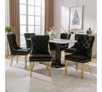 LINKHOO Chaise de Salle à Manger, avec Anneaux Ronds Uniques à l'arrière, arniture à tête de Clou, Pieds de Soutien en Acier Inoxydable doré, revêtement en Velours,6 pièces, Noir,doré