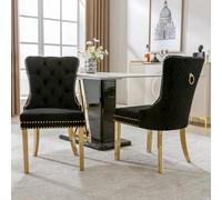 LINKHOO Chaise de Salle à Manger, avec Anneaux Ronds Uniques à l'arrière, arniture à tête de Clou, Pieds de Soutien en Acier Inoxydable doré, revêtement en Velours,2 pièces, Noir,doré