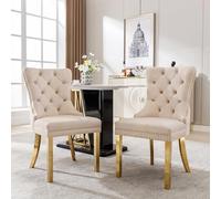LINKHOO Chaise de Salle à Manger, avec Anneaux Ronds Uniques à l'arrière, arniture à tête de Clou, Pieds de Soutien en Acier Inoxydable doré, revêtement en Velours,2 pièces, Beige,doré