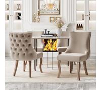 LINKHOO Chaise de Salle à Manger, vec capitonnage Unique au Dos et Garniture à Clous, revêtement en Velours, Pieds courbés en Bois Massif, 4 pièces, Beige