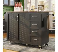 LINKHOO Chariot de Cuisine, avec Portes de Placard rayées en Diagonale, avec Porte-Serviettes et étagère à épices, cloisons réglables, Plateau avec veines de Bois, 107 x 40 x 93 cm, Noir