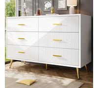 LINKHOO Commode à tiroirs, Armoire de Salle à Manger, Simple et Moderne, Conception de Porte d’Armoire tridimensionnelle, Pieds dorés, 6 tiroirs spacieux, Blanc