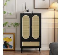 LINKHOO Commode Salon, Buffet Compact (1,1m), Design rotin, Noir, 2 Portes, 1 tiroir, highboard, Armoire de Salle à Manger, bibliothèque, Solutions de Rangement polyvalentes