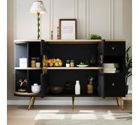 LINKHOO Enfilade Salle à Manger, Meubles de Rangement avec Portes coulissantes en Verre et lumières LED, Crédence en Bois, Armoires autoportantes, 130 * 40 * 80cm, Noir