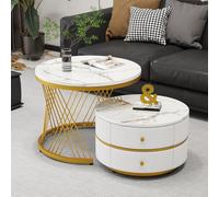 LINKHOO Ensemble de Deux Tables Basses, en Forme de nid, Tables Rondes avec Aspect marbre Brillant, 2 tiroirs, Charge maximale 30 kg, 60 * 60 * 46 cm et 50 * 50 * 30,8 cm, Blanc