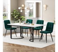 LINKHOO Ensemble de Salle à Manger (5 pièces), avec 4 chaises, Pieds en métal Noir, Plateau de Table en MDF Blanc, chaises de Salle à Manger en Velours Vert foncé