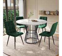 LINKHOO Ensemble de Salle à Manger (5 pièces), avec 4 chaises, Table Ronde, Pieds en métal Noir, Plateau en MDF Blanc, chaises de Salle à Manger en Velours Vert