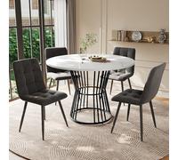 LINKHOO Ensemble de Salle à Manger (5 pièces), avec 4 chaises, Table Ronde, Pieds en métal Noir, Plateau en MDF Blanc, chaises de Salle à Manger en Velours Gris foncé