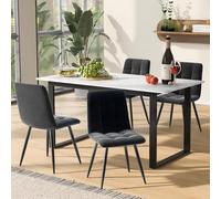 LINKHOO Ensemble de Salle à Manger, (Table 140/180×80×75cm, avec 4 chaises), chaises de Salle à Manger en Velours Gris, Dessus de T-Able en MDF en Blanc, Pieds de Table Noirs