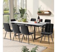 LINKHOO Ensemble de Salle à Manger, (Table 140/180×80×75cm, avec 8 chaises), chaises de Salle à Manger en Velours Gris, Dessus de Table en MDF en Blanc, Pieds de Table Noirs