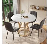 LINKHOO Ensemble de Table à Manger (5 pièces), avec 4 chaises, Able de Cuisine Ronde de 100 cm de diamètre avec Pieds en métal doré, Plateau en MDF Blanc, chaises en Velours Gris foncé
