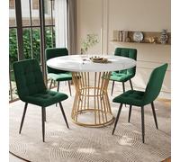 LINKHOO Ensemble de Table à Manger (5 pièces), avec 4 chaises, Able de Cuisine Ronde de 100 cm de diamètre avec Pieds en métal doré, Plateau en MDF Blanc, chaises en Velours Vert foncé