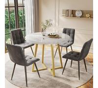 LINKHOO Ensemble de Table à Manger (5 pièces), avec 4 chaises,Able de Cuisine Ronde de 80 cm de diamètre avec Pieds en métal doré, Plateau en MDF Blanc, chaises en Velours Gris foncé