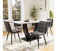 LINKHOO Ensemble de Table à Manger (5 pièces), avec 4 chaises, Table de Cuisine Design en Forme de U, Pieds Noirs, Dessus de Table en marbre Blanc, chaises de Salle à Manger en Velours Gris