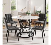 LINKHOO Ensemble de Table à Manger (5 pièces), avec 4 chaises, Table de Cuisine Ronde d’Un diamètre de 100 cm, Pieds en métal Noir, Dessus de Table en marbre MDF, Chaises en Velours Gris