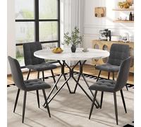 LINKHOO Ensemble de Table à Manger (5 pièces), avec 4 chaises, Table de Cuisine Ronde d’Un diamètre de 100 cm, Pieds en métal Noir,Dessus de Table en marbre MDF, Chaises de Salle à Manger en Lin Gris