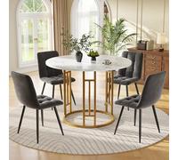 LINKHOO Ensemble de Table à Manger (5 pièces), avec 4 chaises, Table de Cuisine Ronde de 80 cm de diamètre et Pieds en métal doré, Dessus de Table en marbre MDF, Chaises de Salle à Manger Grises