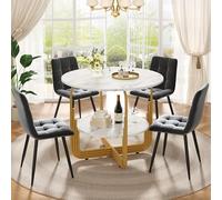 LINKHOO Ensemble de Table à Manger (5 pièces), avec 4 chaises, Table de Cuisine Ronde de 80 cm de diamètre et Pieds en métal doré, Dessus de Table en marbre MDF, Chaises de Salle à Manger Grises
