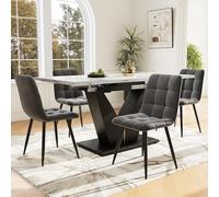 LINKHOO Ensemble de Table à Manger(5 pièces), Extensible, avec 4 chaises, Table de Cuisine Design en Forme de V, Pieds Noirs,Dessus de Table en marbre Blanc, chaises de Salle à Manger en Velours Gris