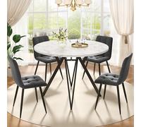 LINKHOO Ensemble de Table à Manger, avec 4 chaises, Table de Cuisine Ronde d’Un diamètre de 100 cm, Pieds en métal Noir, Dessus de Table en marbre MDF, Chaises de Salle à Manger en Lin Gris