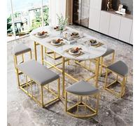 LINKHOO Ensemble de Table, avec 1 Table, 4 Petits tabourets et 2 Grands tabourets, avec Structure en Acier, Blanc et doré Moderne, Charge maximale 120 kg, 140 * 70 * 76 cm